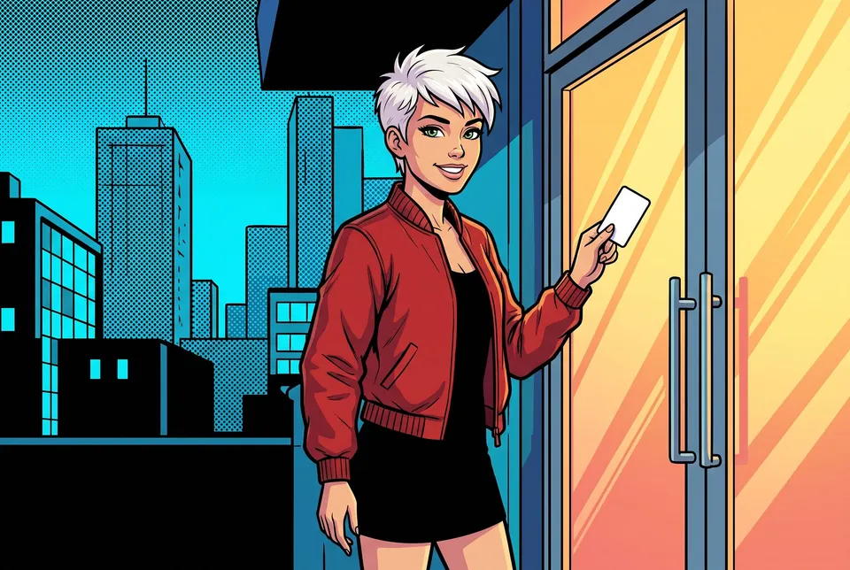 Comic drawing of the same young woman by a glass entrance door at night, smiling and holding up a blank card.